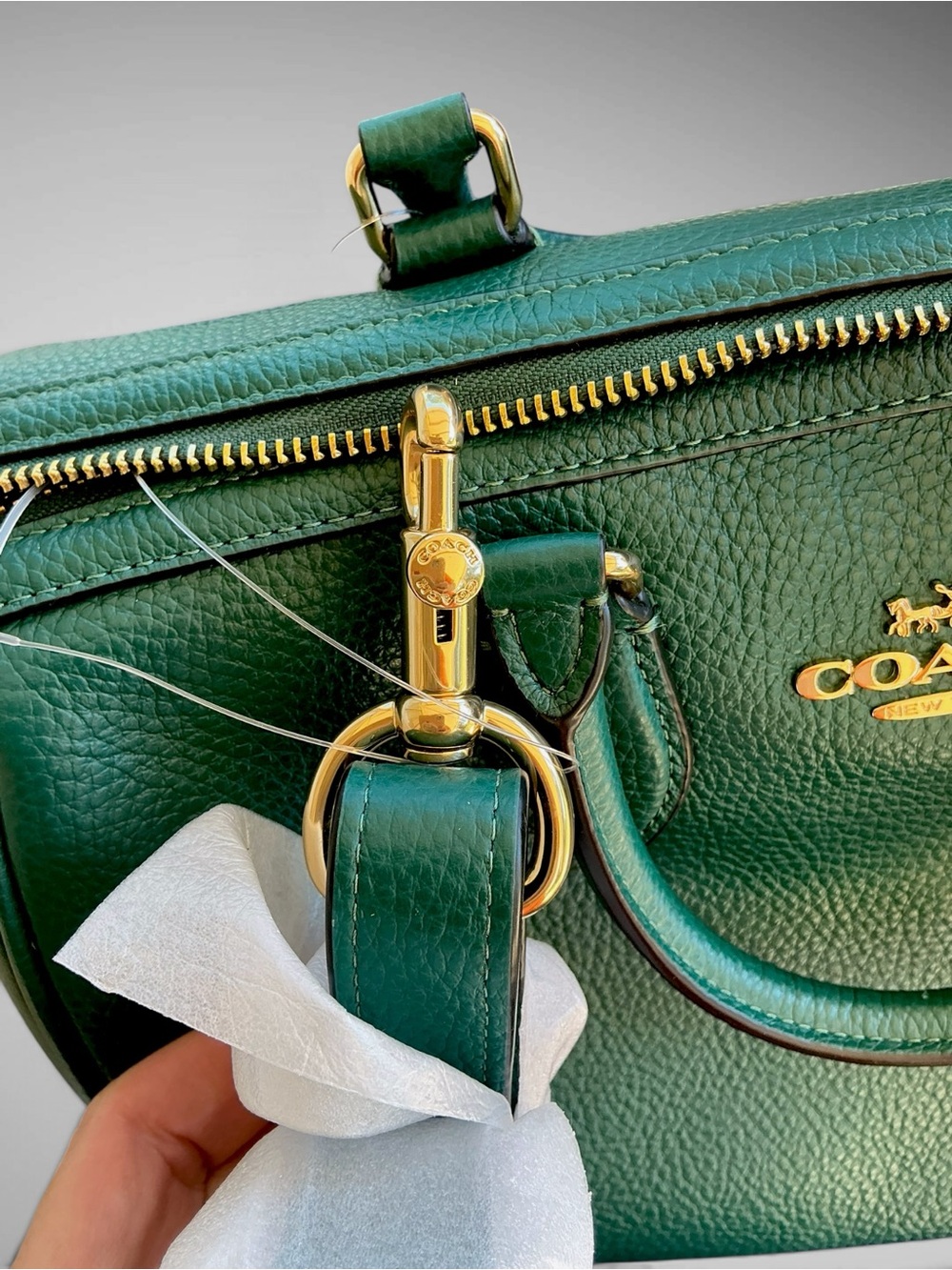 Coach Rowan Large Satchel Emerald Green Pebble Leather Gold Hardware NWT - Picture 11 of 12
